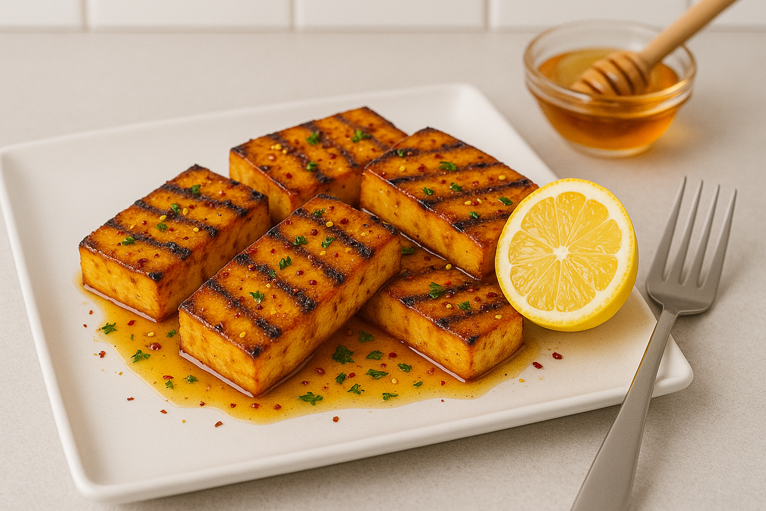 glazed tofu with raw local pure honey