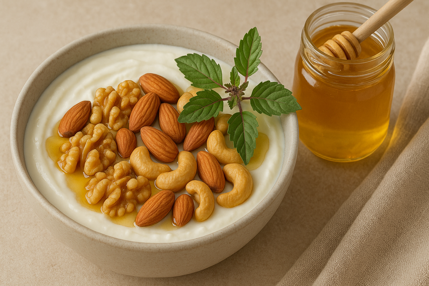 healthy breakfast with raw unprocessed honey and nuts